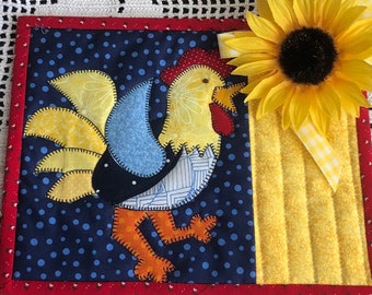 Rooster Mug Rug, whimsical colorful snack mat or large coaster.  Gift basket item. Candle mat, photo display, Ukraine, Country style Kitchen