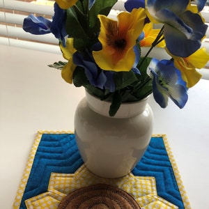 Sunflower Mug Rug Quilt, Made to Order, Yellow Blue, 9.5X7.5, handmade gift for her, teacher, mom, BFF, coworker, mother-in-law, gardener image 6