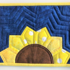 Sunflower Mug Rug Quilt, Made to Order, Yellow Blue, 9.5X7.5, handmade gift for her, teacher, mom, BFF, coworker, mother-in-law, gardener image 3