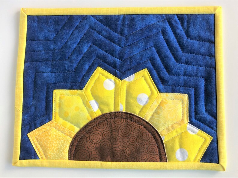 Sunflower Mug Rug Quilt, Made to Order, Yellow Blue, 9.5X7.5, handmade gift for her, teacher, mom, BFF, coworker, mother-in-law, gardener image 3