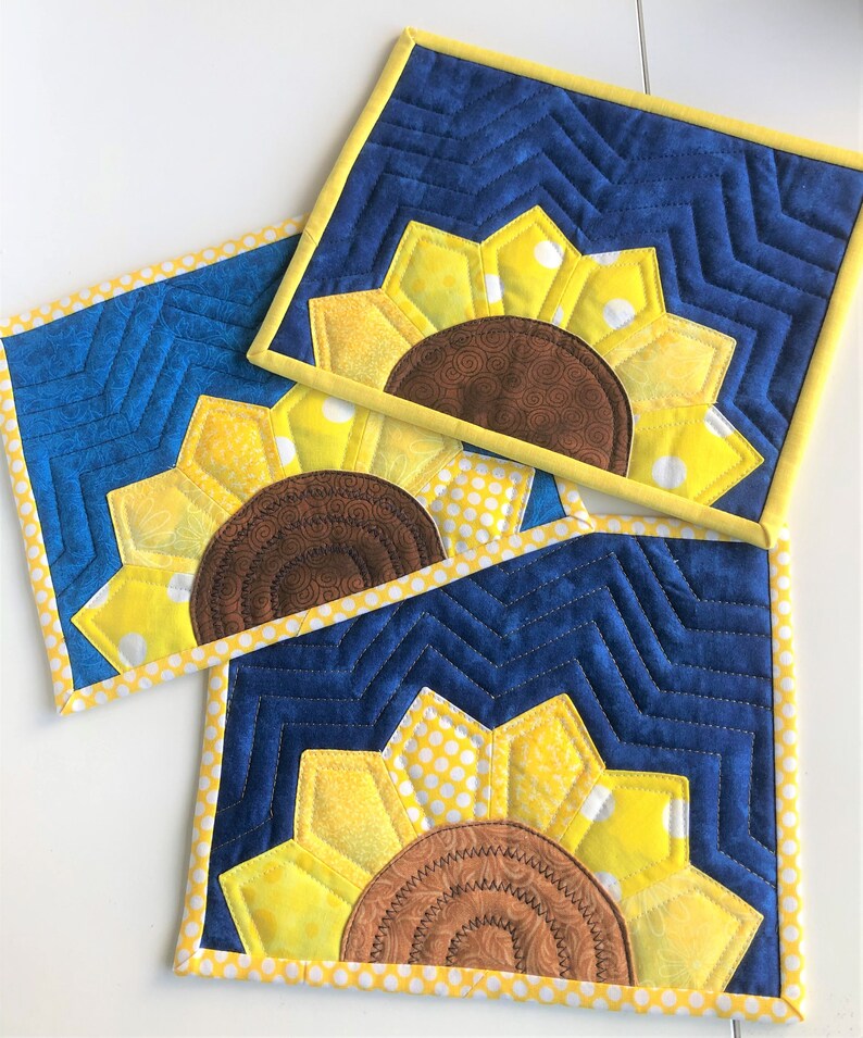 Ukraine Sunflower Mug Rug PATTERN, 5USD option, Yellow Blue, 10X7.5, Quilter's gift, quilted large coaster image 4