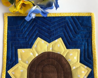 Sunflower Mug Rug Quilt, Made to Order, Yellow Blue, 9.5”X7.5”, handmade gift for her, teacher, mom, BFF, coworker, mother-in-law, gardener