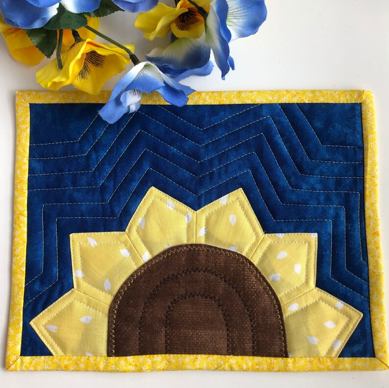 Sunflower Mug Rug Quilt, Made to Order, Yellow Blue, 9.5X7.5, handmade gift for her, teacher, mom, BFF, coworker, mother-in-law, gardener image 1