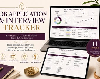 Job Application & Interview Tracker, Job Search Planner (PDF, Word, Excel, Google Sheets)