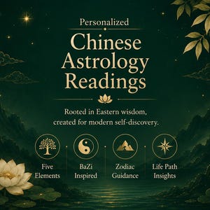 May include: An advertisement for personalized Chinese Astrology Readings. The image has a dark green background with text and illustrations. The text includes "Personalized Chinese Astrology Readings" and "Rooted in Eastern wisdom, created for modern self-discovery."