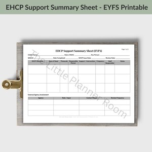 May include: A white EHCP Support Summary Sheet printable document with black text and grid lines, featuring fields for child details, EHCP outcomes, and external agency involvement, secured to a wooden clipboard with a gold metal clip.