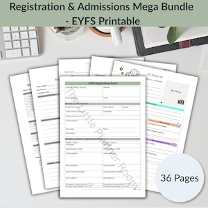 Pode incluir: Um conjunto imprimível Registration & Admissions Mega Bundle EYFS composto por 36 páginas. Os documentos incluem um formulário de inscrição infantil, uma folha All About Me com marcador de posição para fotos e vários formulários de acompanhamento.