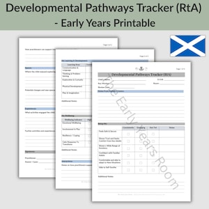 May include: A three-page Developmental Pathways Tracker (RtA) early years printable document. The white pages feature black text, tables for tracking learning, development, and wellbeing, with lines for child information and practitioner signatures.