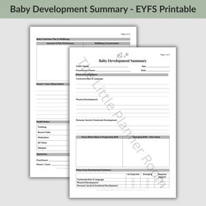 Peut inclure: Un formulaire imprimable de résumé du développement de bébé sur deux pages blanches avec du texte et des lignes noirs. Le document comprend des sections pour les détails de l'enfant, les instantanés des domaines clés et le suivi des progrès.