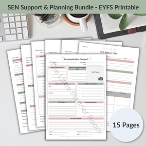 以下が含まれることがあります： SENサポートおよびプランニングバンドル用の15ページの印刷可能なセット。ドキュメントには「Communication Passport」や「SEN Support Plan」といった見出しがあり、子供の詳細、感覚的ニーズ、コミュニケーション方法、日課を記入するセクションが含まれています。