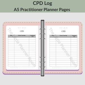 May include: An open A5 ring binder planner with light pink covers and a silver metal mechanism. The pages feature a CPD log table with columns for Date, Course/Learning, and Certificate Y/N. The text The Little Planner Room is visible.