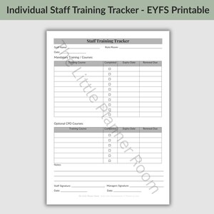 May include: A white printable document titled Individual Staff Training Tracker - EYFS Printable. The form includes sections for staff name, role, date, mandatory training, and optional CPD courses with columns for completion, expiry, and renewal dates.