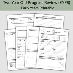 May include: A collection of white printable documents titled Two Year Old Progress Review (EYFS) - Early Years Printable. The pages feature black text, checkboxes, and lined sections for recording child development, medical details, and learning interests.