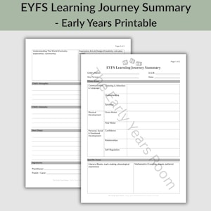 May include: A two-page EYFS Learning Journey Summary printable document. The white paper features black text, grid tables, and sections for child details, prime areas of development, and specific areas like literacy and mathematics.
