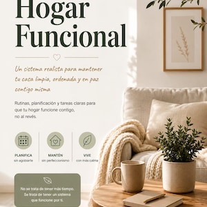 Puede incluir: Una guía práctica titulada Hogar Funcional con texto en español, que muestra una taza beige, un cuaderno con un bolígrafo y una planta en maceta sobre una mesa de madera. El documento detalla un sistema realista para la organización del hogar, incluyendo iconos para planificar, mantener y vivir con calma, con fecha de mayo de 2025.