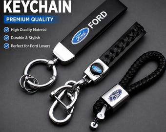 Ford Leather Metal Keychain, 3D Logo Key Ring, Auto Fob Accessory