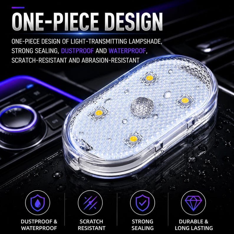 May include: An oval-shaped, clear light-transmitting lamp with a textured surface and four internal LED light sources. The text reads: ONE-PIECE DESIGN, ONE-PIECE DESIGN OF LIGHT-TRANSMITTING LAMPSHADE, STRONG SEALING, DUSTPROOF AND WATERPROOF.