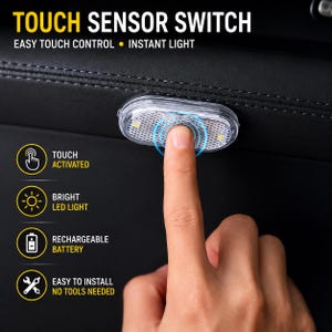 May include: An oval-shaped LED light with a clear textured lens and a touch sensor switch. The text reads TOUCH SENSOR SWITCH, EASY TOUCH CONTROL, INSTANT LIGHT, TOUCH ACTIVATED, BRIGHT LED LIGHT, RECHARGEABLE BATTERY, and EASY TO INSTALL NO TOOLS NEEDED.