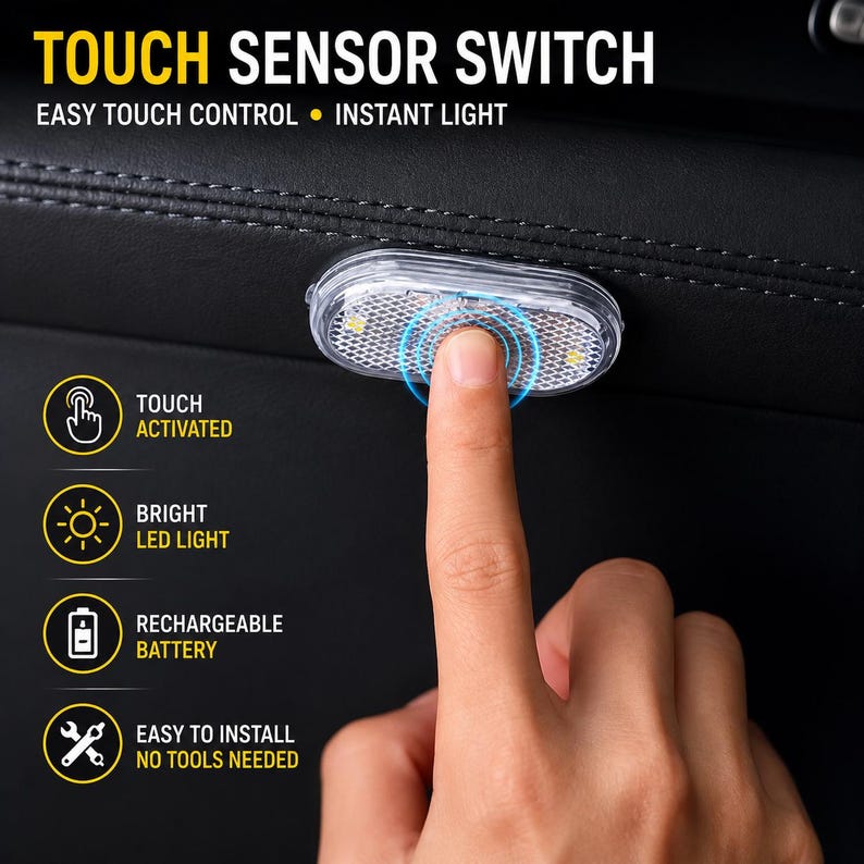 May include: An oval-shaped LED light with a clear textured lens and a touch sensor switch. The text reads TOUCH SENSOR SWITCH, EASY TOUCH CONTROL, INSTANT LIGHT, TOUCH ACTIVATED, BRIGHT LED LIGHT, RECHARGEABLE BATTERY, and EASY TO INSTALL NO TOOLS NEEDED.