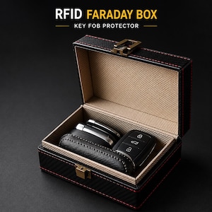 May include: A black RFID Faraday box with red stitching and a carbon fiber texture, featuring a gold-toned metal latch. The interior is lined with beige fabric and contains two black car key fobs. The text RFID FARADAY BOX KEY FOB PROTECTOR is visible.