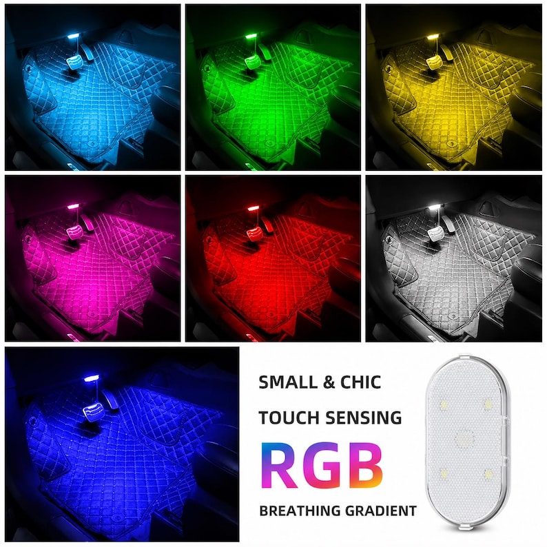 May include: An oval-shaped touch-sensing RGB LED light for vehicle interiors. The light features a white textured surface and emits various colors including blue, green, yellow, pink, red, and white. Text reads: SMALL & CHIC TOUCH SENSING RGB BREATHING GRADIENT.