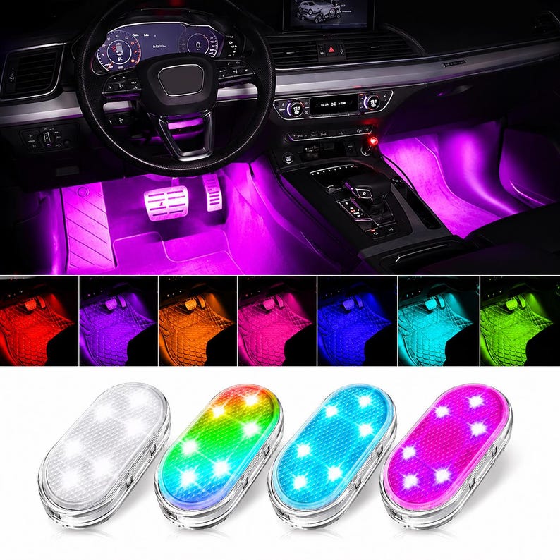 May include: Four oval-shaped LED interior car lights with textured clear covers, each containing six small light points. The lights are shown emitting white, multi-colored, blue, and pink light, with examples of them installed in a vehicle footwell.