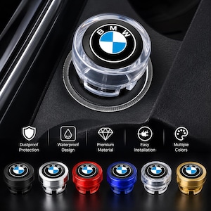 May include: A circular BMW logo car engine start-stop button cover with a clear, transparent casing. Below, six additional button covers are displayed in black, silver, red, blue, clear, and gold finishes, accompanied by icons for dustproof, waterproof, premium material, easy installation, and multiple colors.