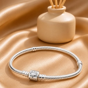 May include: A silver snake chain bracelet featuring a barrel-shaped clasp engraved with the word PANDORA. The bracelet has a flexible, textured link design and a polished metallic finish, presented as a circular band on a smooth surface.
