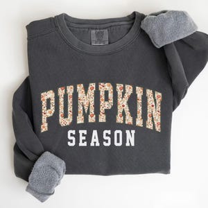 Peut inclure: Un sweat-shirt à col rond gris anthracite avec le texte PUMPKIN SEASON imprimé sur la poitrine. Le mot PUMPKIN est rempli d'un motif floral de citrouilles orange et de feuilles d'automne, tandis que le mot SEASON est en lettres blanches.