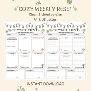 May include: A digital planner page titled Cozy Weekly Reset featuring sections for energy check, small wins, comfort items, brain dump, letting go, next week focus, looking forward to, and a note to myself, available in A4 and US Letter sizes.