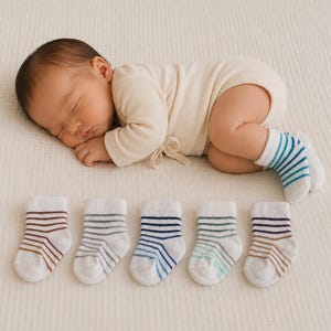 6 Pairs Cotton Unisex Baby Socks, Soft Breathable Infant Footwear, Striped Patterned Baby Socks, 0-6 Months For Baby Socks
