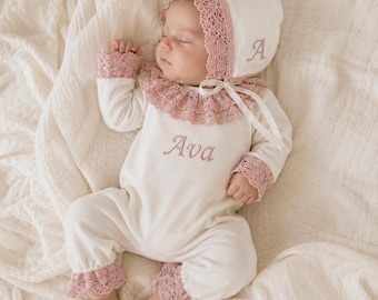 Pink Lace Personalized Baby Romper, Custom Embroidered Newborn Girl Outfit, Ruffle Heirloom Coming Home Clothes,