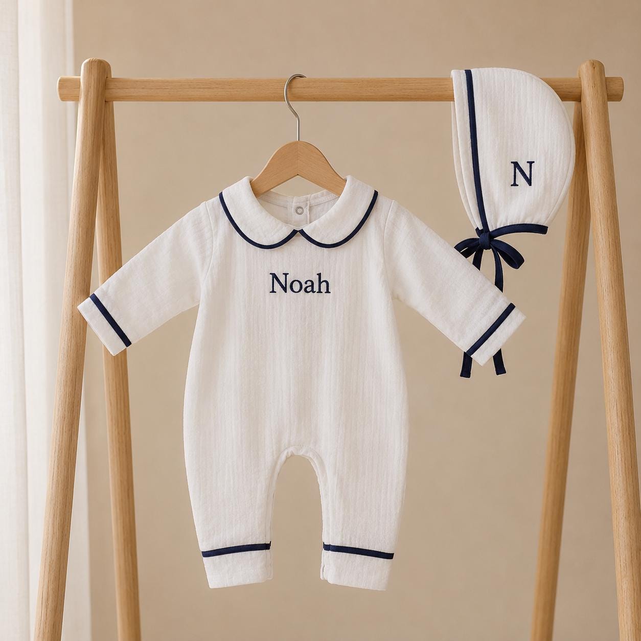 Personalized 0-3 Month Muslin Gauze Baby Romper, Custom Coming Home Outfit, Cotton Sleepsuit, Baptism & Baby Shower Gift with Bonnet