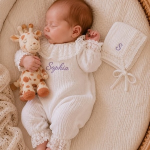 Broderat bomullssparkdräkt för baby, personligt namn, muslin-spädbarnsoutfit