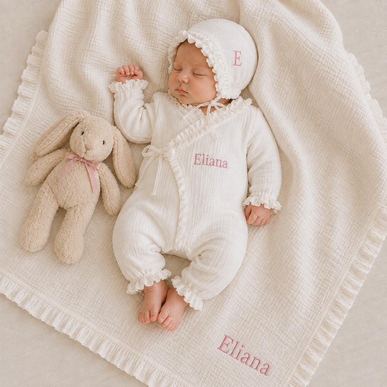 May include: A cream-colored long-sleeve baby romper with ruffled trim, a matching bonnet with the letter E, and a blanket, all featuring pink embroidery of the name Eliana. A beige plush rabbit toy with a pink ribbon sits beside the baby.