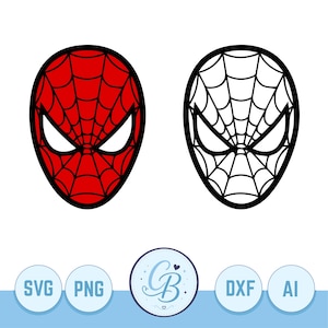 May include: Two graphic illustrations of a superhero mask with a web pattern. One mask is red with black lines and white eyes, and the other is a black and white outline version. Below are five circular icons labelled SVG, PNG, DXF, AI, and a logo.