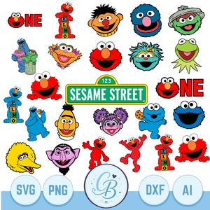 Op de afbeelding: Een digitale collectie van Sesame Street karakterillustraties waaronder Elmo, Cookie Monster, Big Bird, Bert, Ernie en Oscar the Grouch, met het Sesame Street logo, het woord ONE en de bestandsformaatlabels SVG, PNG, DXF en AI.