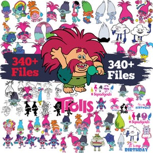 以下が含まれることがあります： 340種類以上のトロールズのキャラクターグラフィックのデジタルコレクション。カラフルなイラスト、線画、シルエットが含まれています。中央の画像には、ピンクの髪をした大きなオレンジ色のトロールが緑色のマラカスを持っている様子が描かれています。
