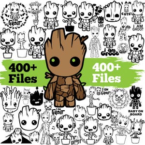 以下が含まれることがあります： 400以上のファイルを含むデジタルコレクションで、様々なポーズをとったキャラクター「グルート」の白黒線画イラストが多数あり、中央にはカラーのグルートのフィギュアが配置され、「400+ Files」というテキストが2回表示されています。