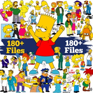 Puede incluir: Un collage digital que presenta numerosos personajes de dibujos animados amarillos de Los Simpson, incluido Bart Simpson en el centro, con el texto 180+ Files mostrado dos veces sobre un fondo de trazo de pincel azul oscuro.