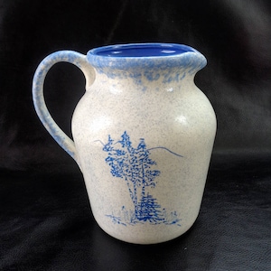 Vintage ceramic pitcher, rustic white and blue stoneware jug, farmhouse decor