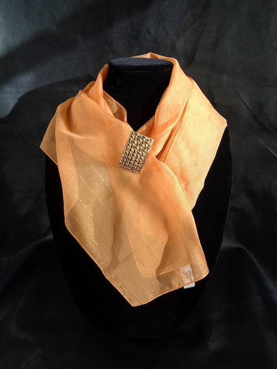 Sheer orange scarf, vintage orange and gold pinst… - image 1