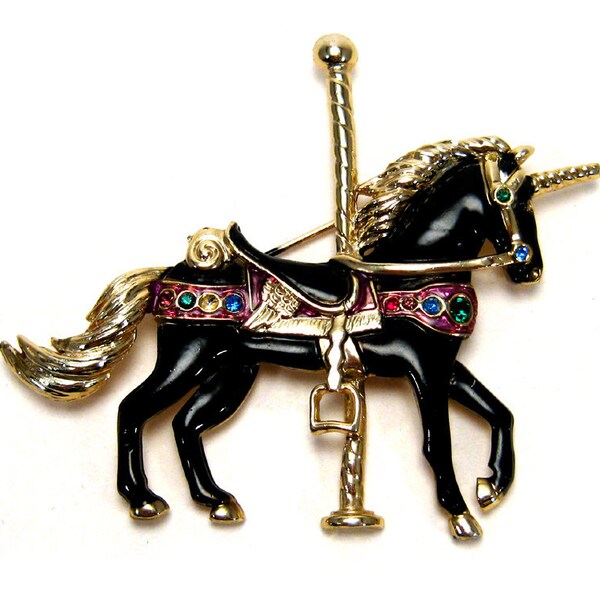 Vintage unicorn brooch, black carousel unicorn, Rhinestones