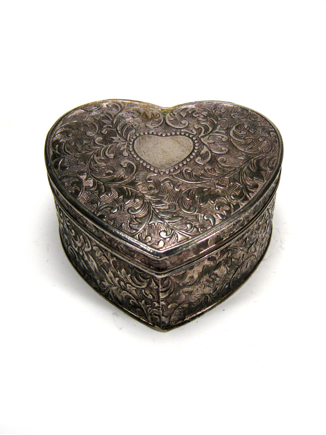 Vintage trinket box heart shaped ornate silver tone Etsy