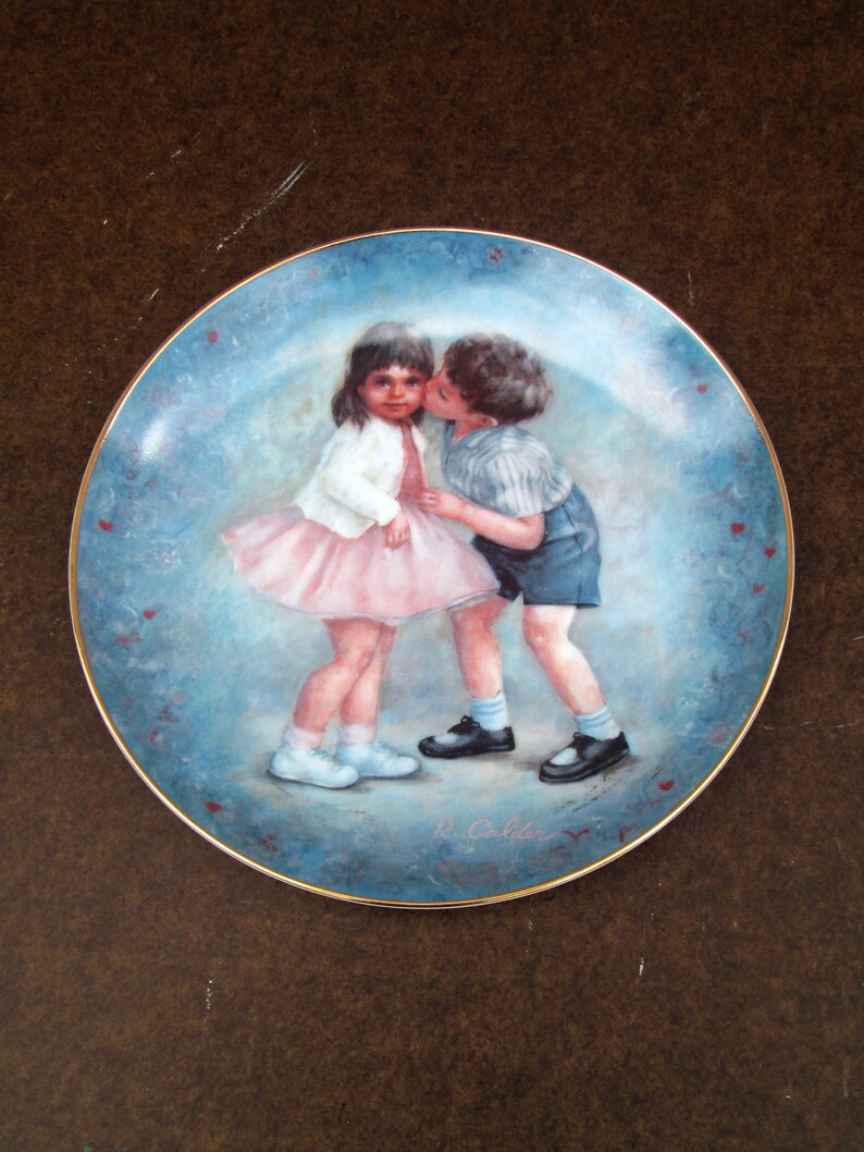 Vintage decorative plate, Rosemary Calder illustration print, First kiss, 80s, Calhoun's Collectors Society image 1