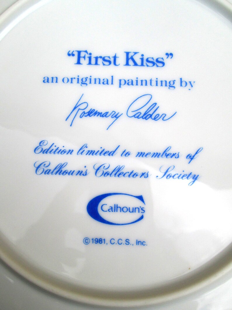 Vintage decorative plate, Rosemary Calder illustration print, First kiss, 80s, Calhoun's Collectors Society image 6