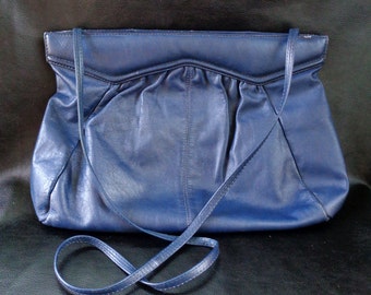 Blue leather bag, vintage navy blue genuine leather shoulder bag, clutch, 70s, 80s