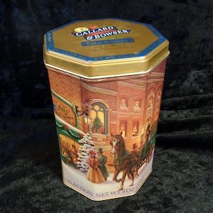 Vintage candy tin, advertising Callard & Bowser Toffee tin, retro winter illustration