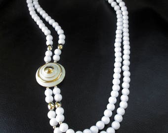 White statement necklace, vintage white and gold double strand asymmetric beaded necklace, 50s or 60s