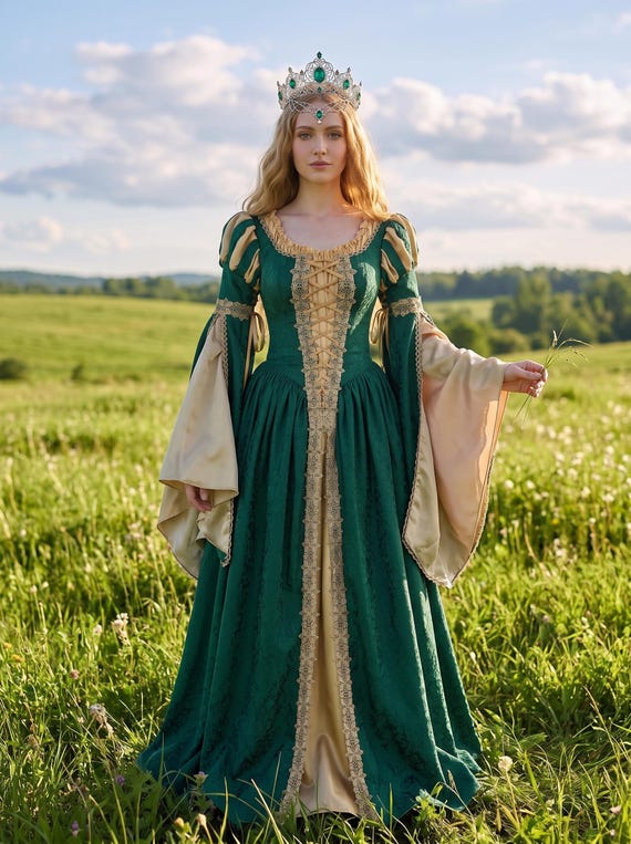 Medieval Renaissance Dress Green Yellow Vintage Wide Sleeve Gown Fantasy Princess Costume for Women